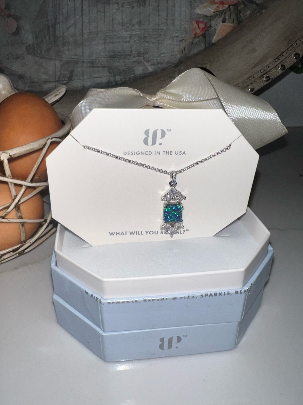 Sterling-Tone Green-Blue Opal Pendant Necklace by BOMB PARTY